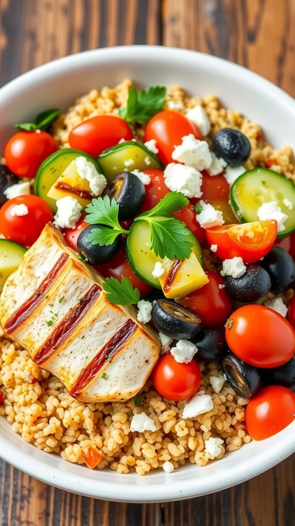 A colorful Mediterranean chicken quinoa bowl with grilled chicken, quinoa, tomatoes, cucumbers, olives, and feta cheese.